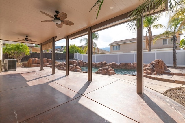 27077 Calendula St, Corona, CA 92883 - view of patio / terrace with cooling unit, a fenced in pool, a fenced backyard, and ceiling fan