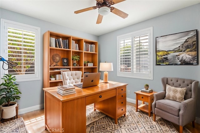 27077 Calendula St, Corona, CA 92883 - office area with light wood-style flooring, a wealth of natural light, a ceiling fan, and baseboards