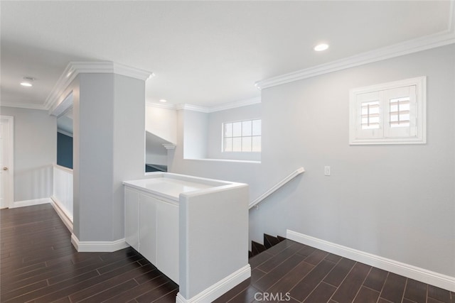 27077 Calendula St, Corona, CA 92883 - corridor featuring an upstairs landing, baseboards, ornamental molding, and wood finish floors