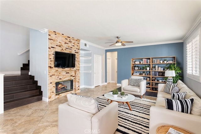 27077 Calendula St, Corona, CA 92883 - living room with baseboards, ornamental molding, stairway, visible vents, and ceiling fan