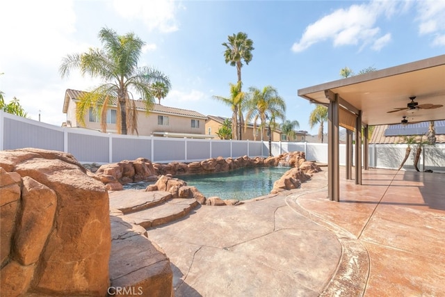 27077 Calendula St, Corona, CA 92883 - view of pool with a fenced backyard, a ceiling fan, a fenced in pool, and a patio
