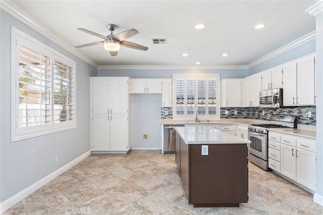27077 Calendula St, Corona, CA 92883 - kitchen with appliances with stainless steel finishes, white cabinets, visible vents, ceiling fan, and a sink