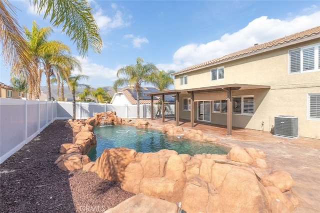 27077 Calendula St, Corona, CA 92883 - view of swimming pool with central AC unit, a fenced backyard, a fenced in pool, and a patio area