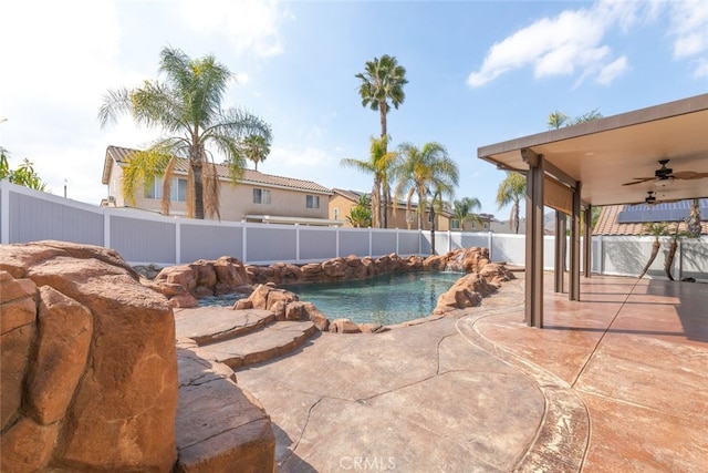 27077 Calendula St, Corona, CA 92883 - view of pool featuring a patio area, a fenced backyard, ceiling fan, and a fenced in pool