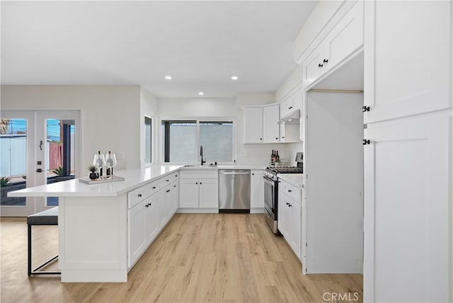 kitchen with a sink, stainless steel appliances, light wood finished floors, a peninsula, and under cabinet range hood