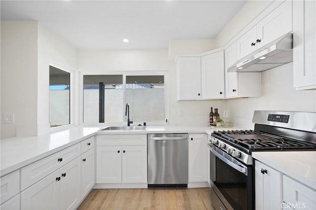 kitchen featuring a sink, light wood-type flooring, stainless steel appliances, under cabinet range hood, and recessed lighting