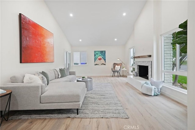 living room featuring wood finished floors, a wealth of natural light, and high vaulted ceiling