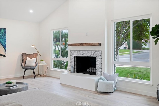 living area featuring high vaulted ceiling, baseboards, wood finished floors, and a fireplace with raised hearth