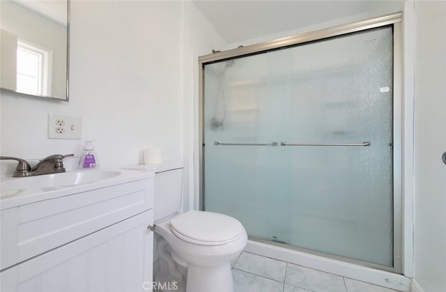 full bath with toilet, vanity, tile patterned flooring, and a stall shower