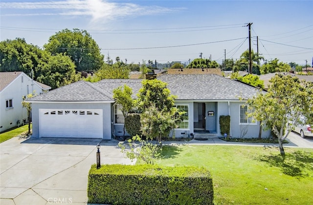 ranch-style house with stucco siding, an attached garage, concrete driveway, and a front lawn