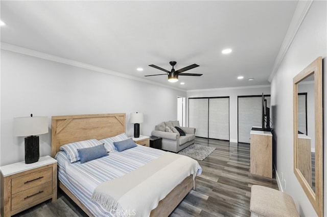 bedroom featuring recessed lighting, a ceiling fan, dark wood-style floors, and ornamental molding