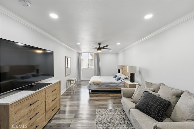 bedroom featuring recessed lighting, ornamental molding, and wood finished floors