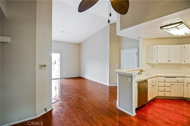 653 Oak Run Trl Unit Tl402, Oak Park, CA 91377 - kitchen featuring dishwasher, light countertops, a ceiling fan, vaulted ceiling, and dark wood-style floors