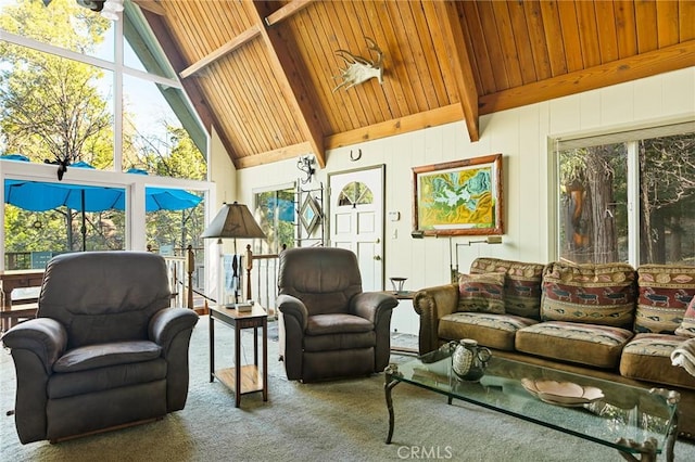256 B Ln, Lake Arrowhead, CA 92352 - living room with carpet, high vaulted ceiling, and a wooden ceiling with exposed beams