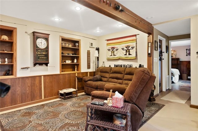 256 B Ln, Lake Arrowhead, CA 92352 - living room with built in shelves, recessed lighting, and radiator heating unit
