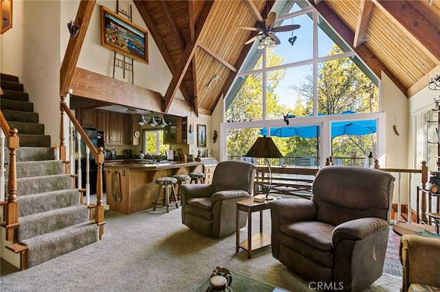 256 B Ln, Lake Arrowhead, CA 92352 - living room with high vaulted ceiling, ceiling fan, carpet floors, a wood ceiling with exposed beams, and stairway