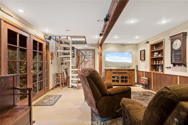 256 B Ln, Lake Arrowhead, CA 92352 - living area with french doors, stairs, built in features, recessed lighting, and beam ceiling