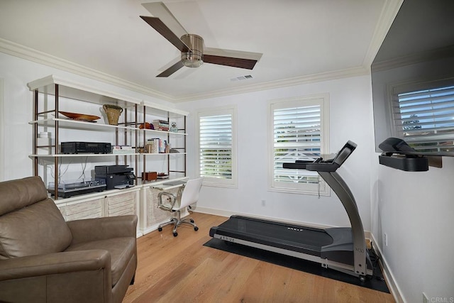 exercise room with crown molding, a ceiling fan, visible vents, and light wood-style flooring