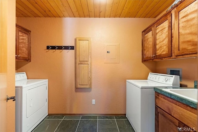 15516 Valley View Dr, Weed, CA 96094 - laundry room with washing machine and clothes dryer, a sink, wood ceiling, cabinet space, and electric panel