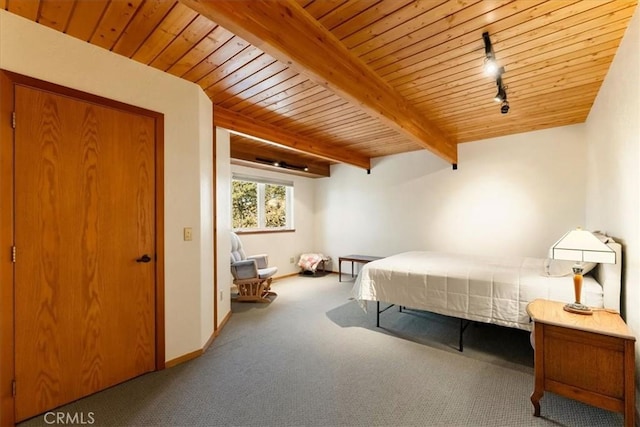 15516 Valley View Dr, Weed, CA 96094 - carpeted bedroom featuring wooden ceiling, rail lighting, baseboards, and beamed ceiling