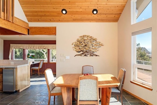 15516 Valley View Dr, Weed, CA 96094 - dining space with baseboards, lofted ceiling, wooden ceiling, and stone tile floors