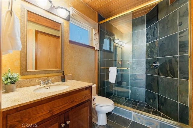 15516 Valley View Dr, Weed, CA 96094 - bathroom featuring wood ceiling, toilet, vanity, and a stall shower