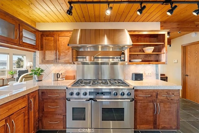 15516 Valley View Dr, Weed, CA 96094 - kitchen featuring wall chimney range hood, double oven range, backsplash, and wooden ceiling