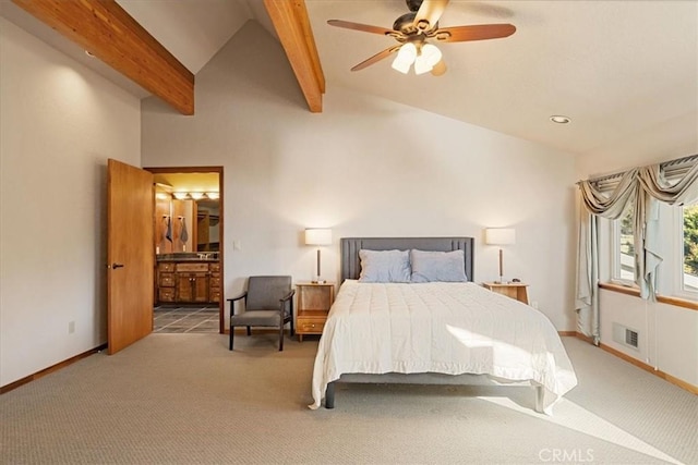 15516 Valley View Dr, Weed, CA 96094 - bedroom with baseboards, carpet flooring, vaulted ceiling with beams, and visible vents