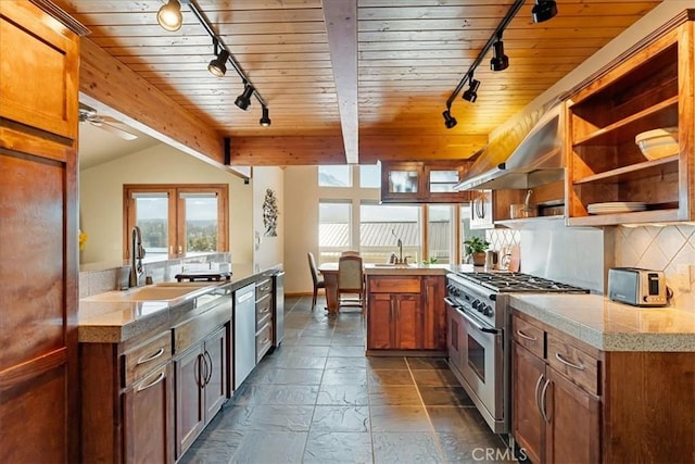 15516 Valley View Dr, Weed, CA 96094 - kitchen with backsplash, a sink, wood ceiling, track lighting, and appliances with stainless steel finishes