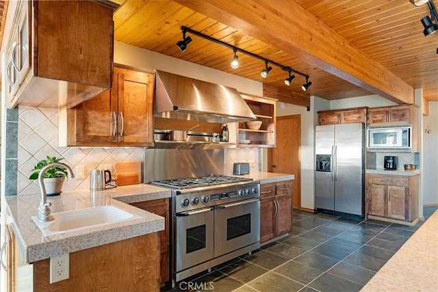 15516 Valley View Dr, Weed, CA 96094 - kitchen with wall chimney range hood, wooden ceiling, appliances with stainless steel finishes, and brown cabinetry
