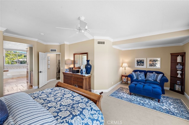 2 Williamsburg Ln, Coto De Caza, CA 92679 - bedroom with baseboards, ornamental molding, visible vents, and carpet floors