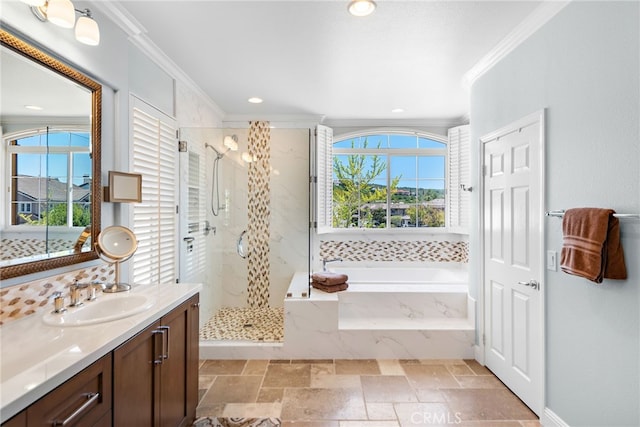 2 Williamsburg Ln, Coto De Caza, CA 92679 - full bath with crown molding, a garden tub, a shower stall, vanity, and recessed lighting
