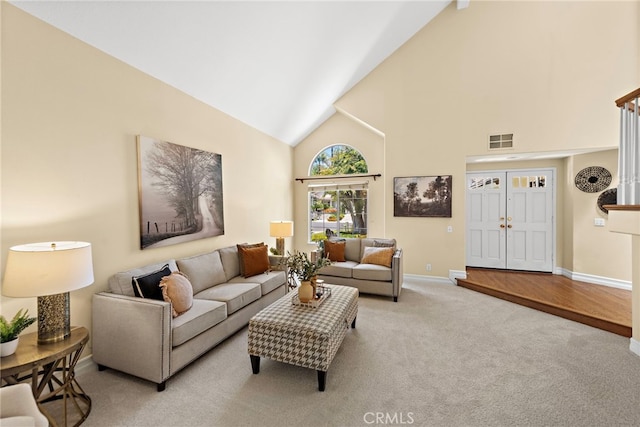 10 Cambridge Ct, Coto De Caza, CA 92679 - living area featuring high vaulted ceiling, light colored carpet, and baseboards