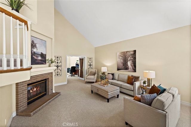 10 Cambridge Ct, Coto De Caza, CA 92679 - living room with carpet floors, high vaulted ceiling, baseboards, and a fireplace