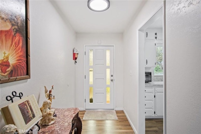 entrance foyer with baseboards and wood finished floors