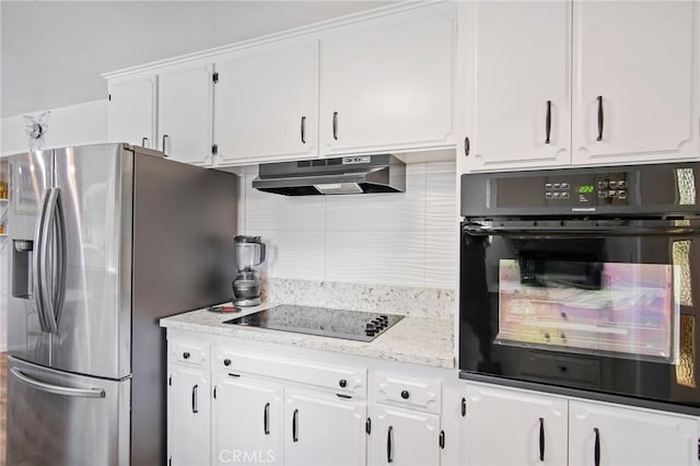 kitchen with black appliances, backsplash, under cabinet range hood, and white cabinets