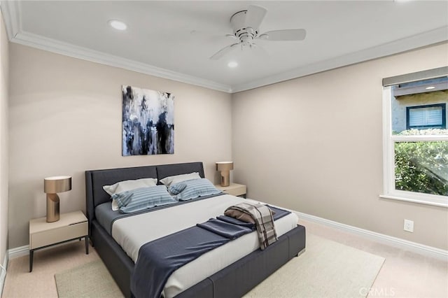 carpeted bedroom featuring recessed lighting, crown molding, baseboards, and ceiling fan