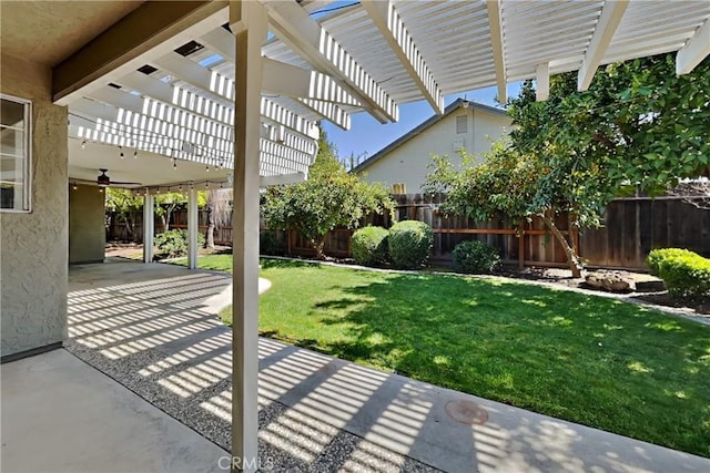 2100 Sherwood Ave Unit A, Modesto, CA 95350 - view of patio featuring fence, a ceiling fan, and a pergola
