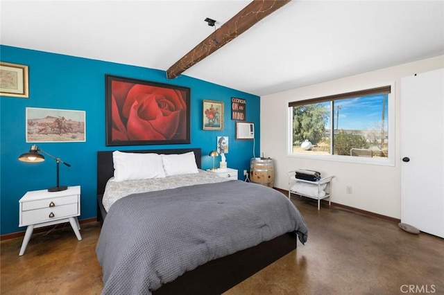 bedroom with beamed ceiling, baseboards, and finished concrete flooring