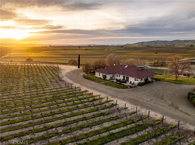 drone / aerial view with a mountain view and a rural view
