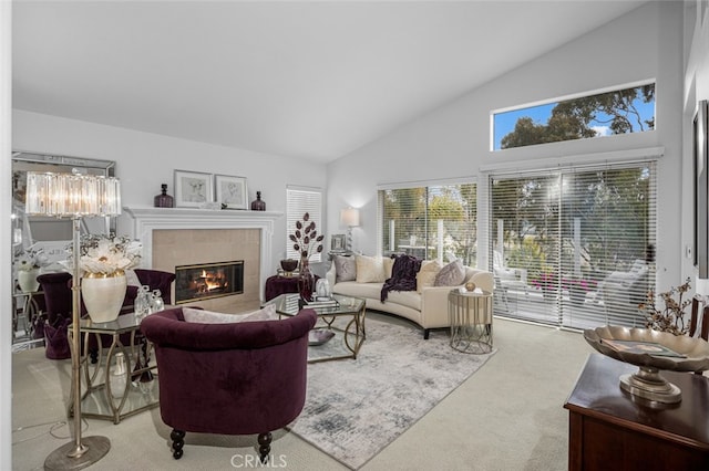 25382 Village Rd, Dana Point, CA 92629 - living room featuring carpet, high vaulted ceiling, and a tile fireplace