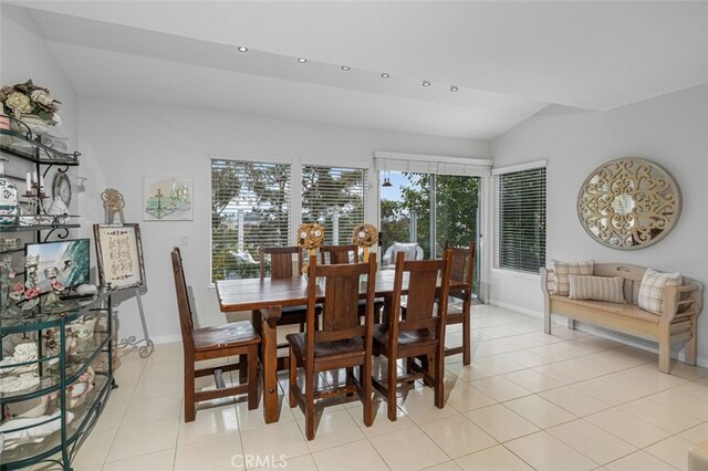 25382 Village Rd, Dana Point, CA 92629 - dining room with vaulted ceiling, light tile patterned flooring, recessed lighting, and baseboards
