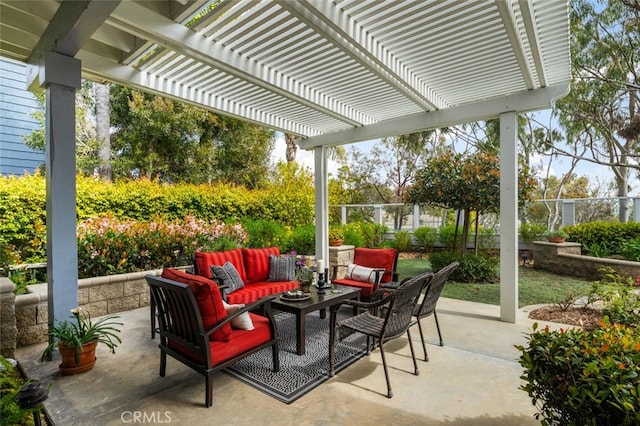 25382 Village Rd, Dana Point, CA 92629 - view of patio / terrace featuring outdoor lounge area, a fenced backyard, and a pergola