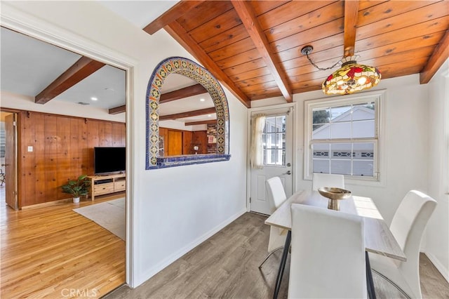 11330 Whitley St, Whittier, CA 90601 - dining space featuring wood finished floors and a wooden ceiling with exposed beams
