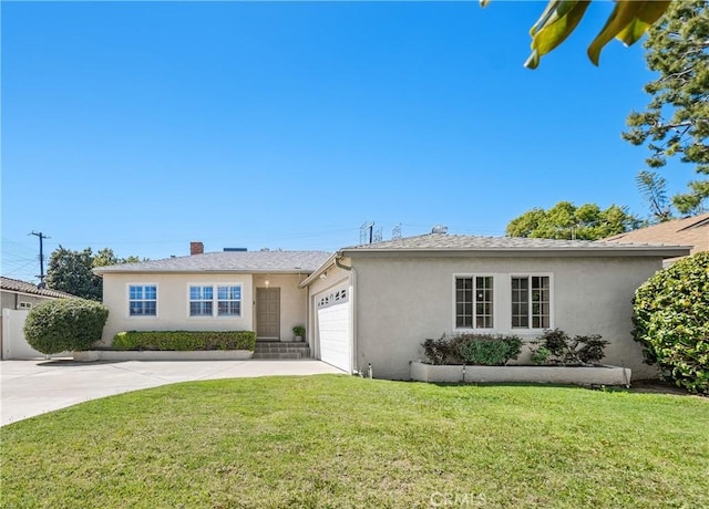single story home with a front yard, stucco siding, an attached garage, and concrete driveway