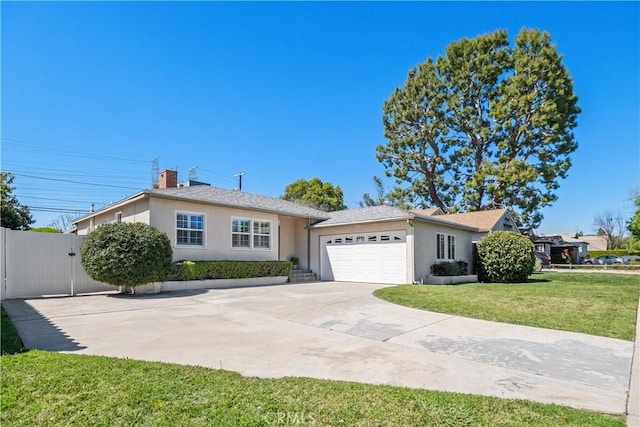single story home with stucco siding, driveway, a gate, a front lawn, and a garage