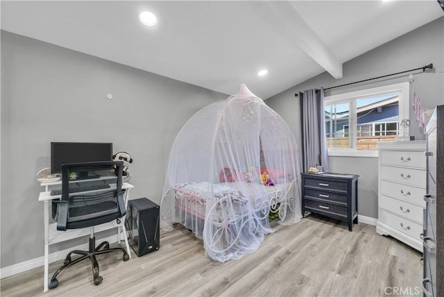 bedroom featuring recessed lighting, lofted ceiling with beams, baseboards, and wood finished floors