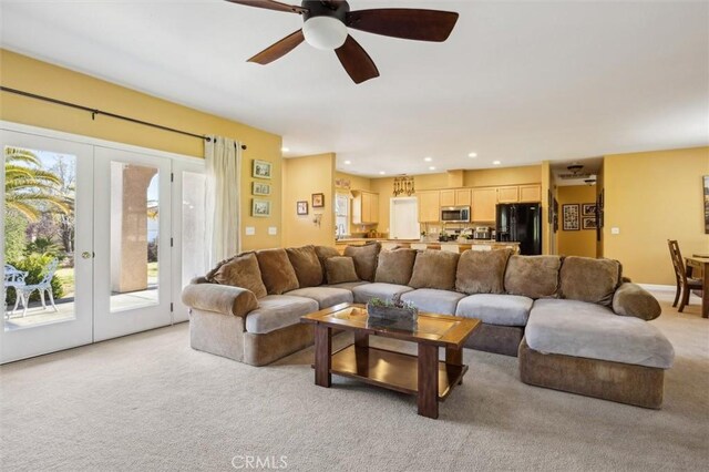 1100 N Ferrocarril Rd, Atascadero, CA 93422 - living room featuring light carpet, ceiling fan, french doors, and recessed lighting