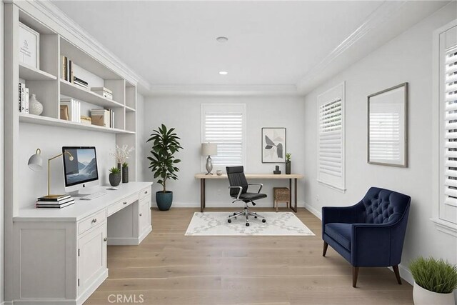 68 Sanctuary, Irvine, CA 92620 - home office with crown molding, light wood-type flooring, recessed lighting, and baseboards