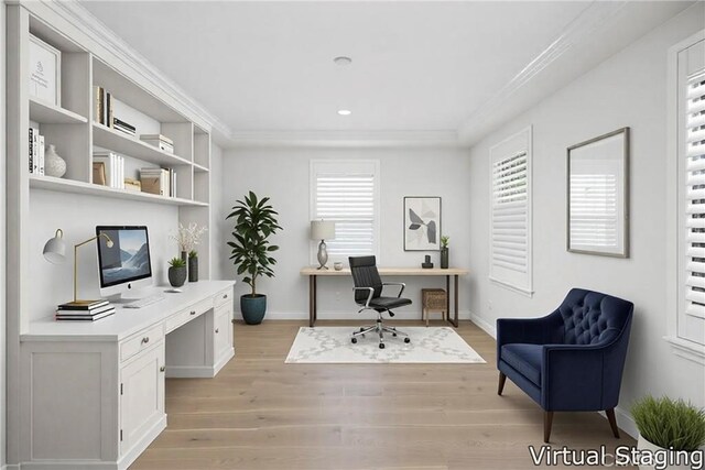 68 Sanctuary, Irvine, CA 92620 - office with ornamental molding, light wood-style floors, recessed lighting, and baseboards